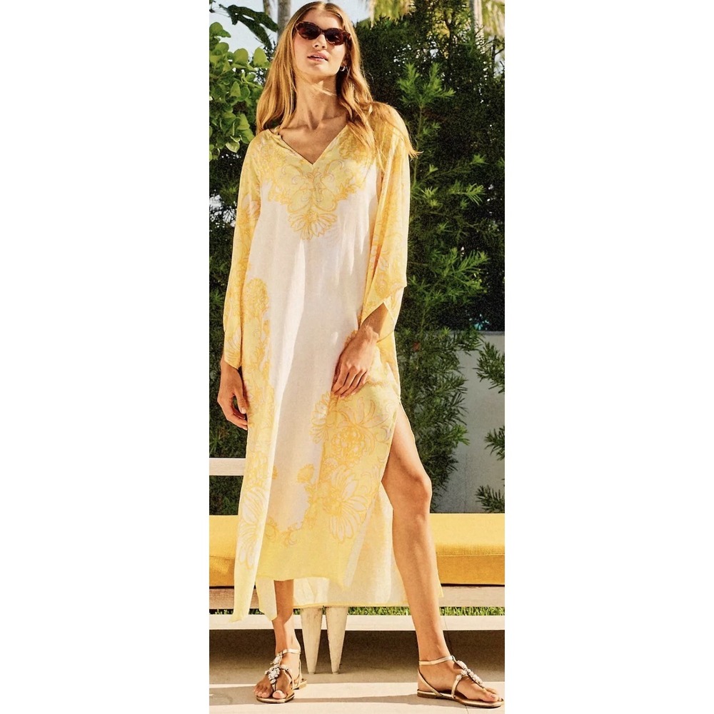 Lillyโ Pulitzer Tialah Caftan Coverup Maxi Dress Xsmall Long Sleeve Golden